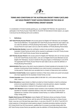 Terms and Conditions of the Australian Cricket Family (Acf) and Acf Gold Priority Ticket Access Periods for the 2018-19 International Cricket Season