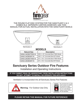 Sanctuary Series Outdoor Fire Features Installation and Operating Instructions