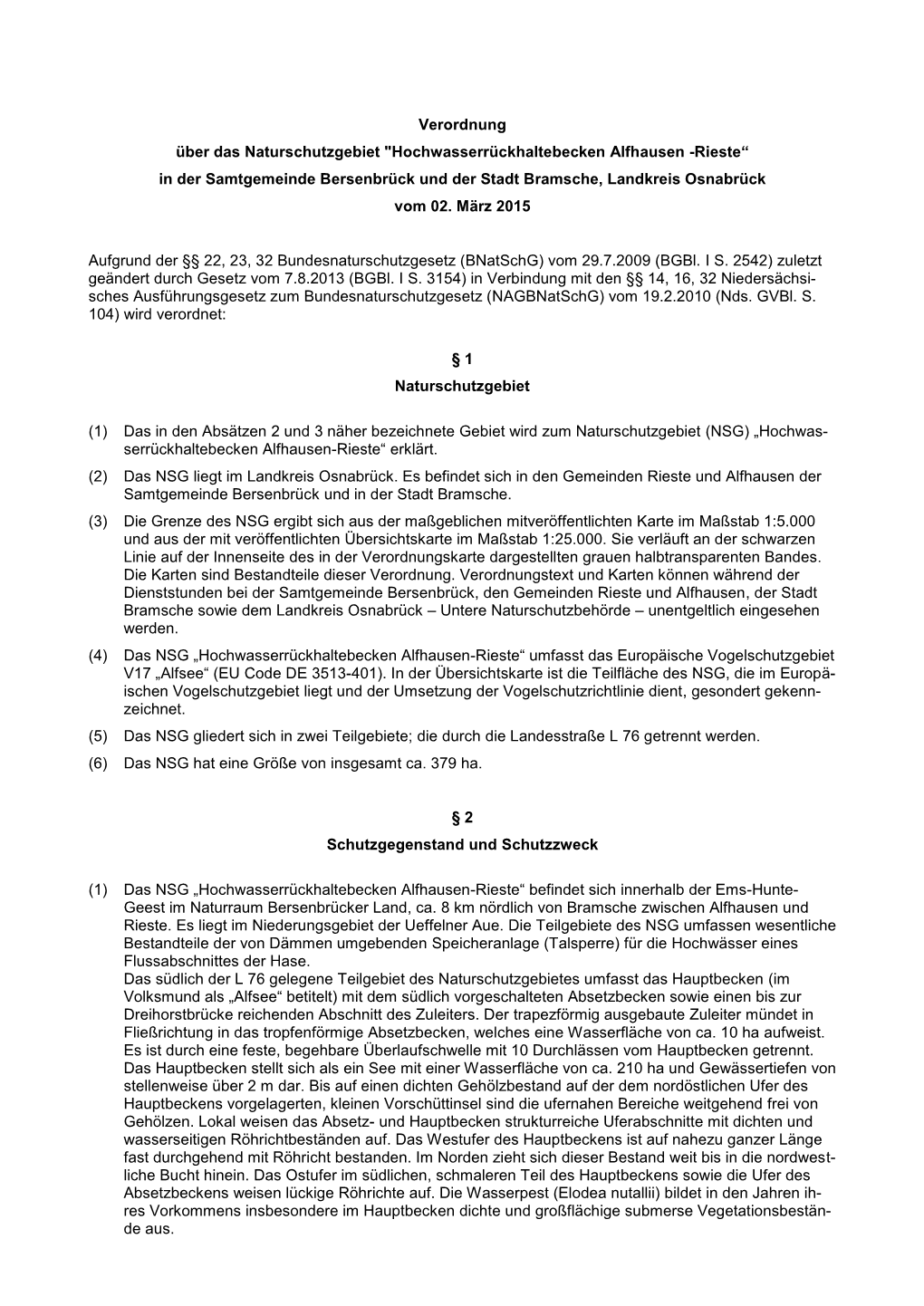 Hochwasserrückhaltebecken Alfhausen -Rieste“ in Der Samtgemeinde Bersenbrück Und Der Stadt Bramsche, Landkreis Osnabrück Vom 02