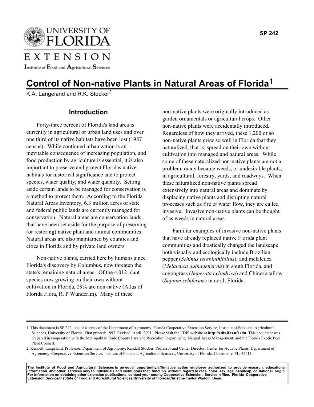 Control of Non-Native Plants in Natural Areas of Florida1 K.A