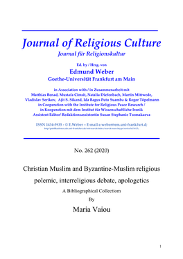 Journal of Religious Culture Journal Für Religionskultur