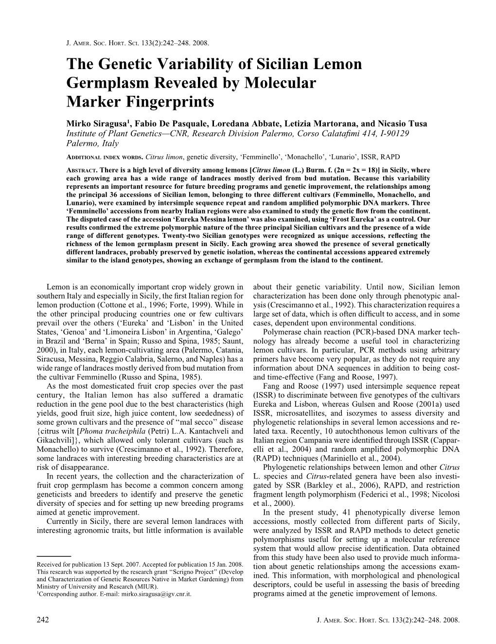 The Genetic Variability of Sicilian Lemon Germplasm Revealed by Molecular Marker Fingerprints