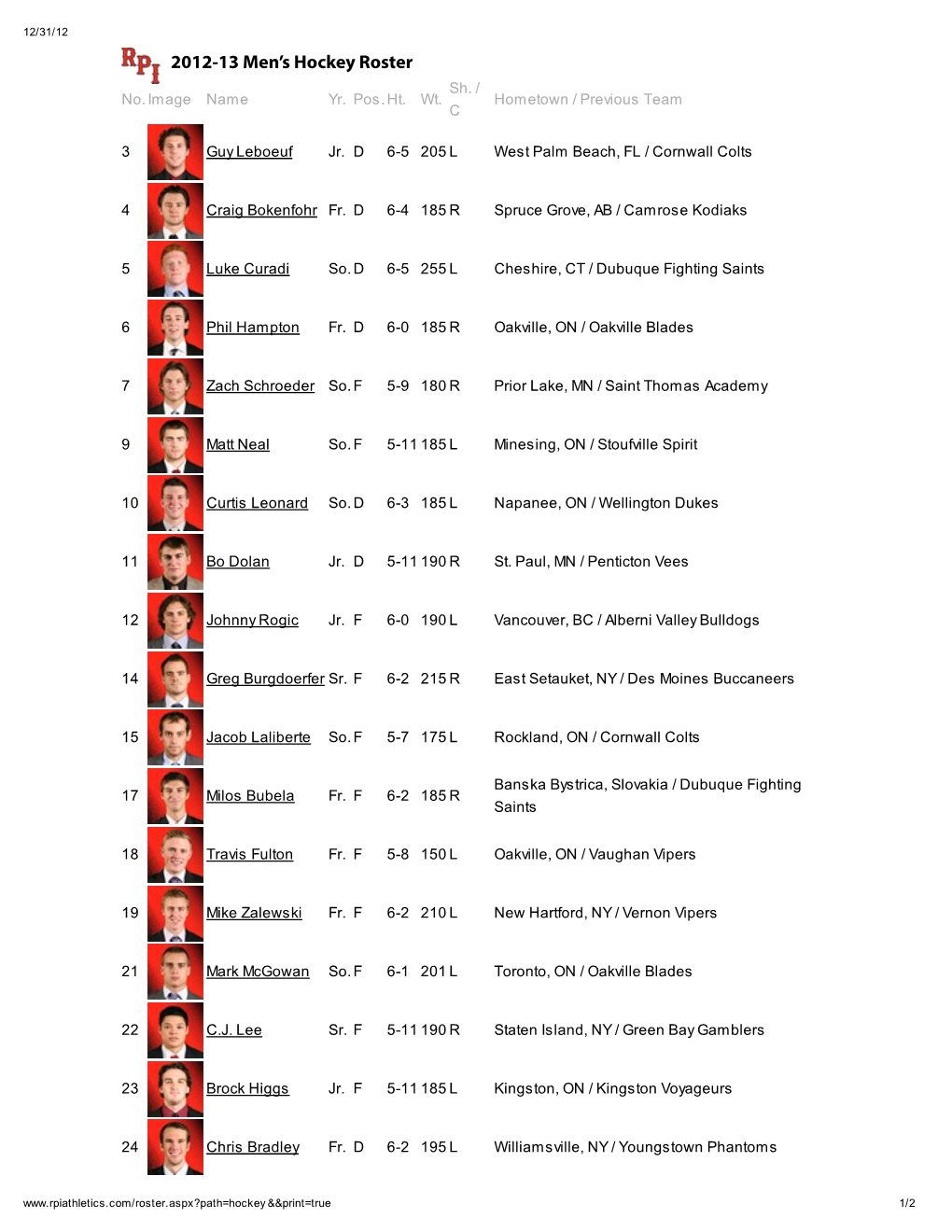 2012-13 Men's Hockey Roster Andrew 25 Fr