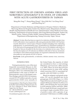 First Detection of Chicken Anemia Virus and Norovirus Genogroup Ii in Stool of Children with Acute Gastroente​Ritis in Taiwan