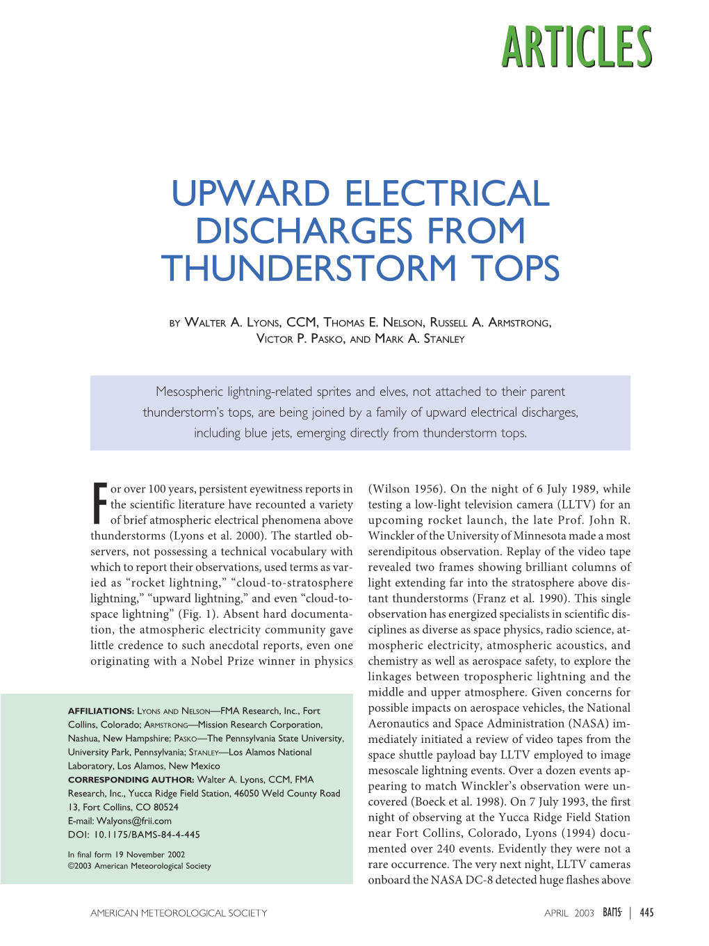 Upward Electrical Discharges from Thunderstorm Tops