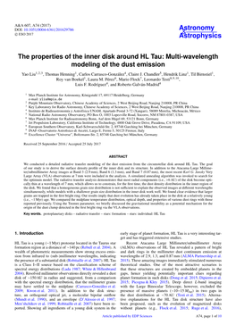 The Properties of the Inner Disk Around HL Tau: Multi-Wavelength Modeling of the Dust Emission Yao Liu1,2,3, Thomas Henning1, Carlos Carrasco-González4, Claire J