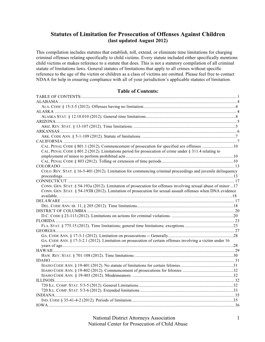 Statutes of Limitation for Prosecution of Offenses Against Children (Last Updated August 2012)