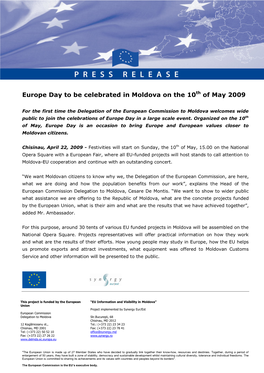 Europe Day to Be Celebrated in Moldova on the 10 of May 2009