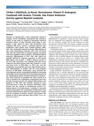 19-Nor-1,25(OH)2D2 (A Novel, Noncalcemic Vitamin D Analogue), Combined with Arsenic Trioxide, Has Potent Antitumor Activity Against Myeloid Leukemia