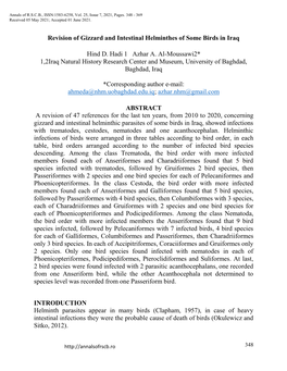 Revision of Gizzard and Intestinal Helminthes of Some Birds in Iraq