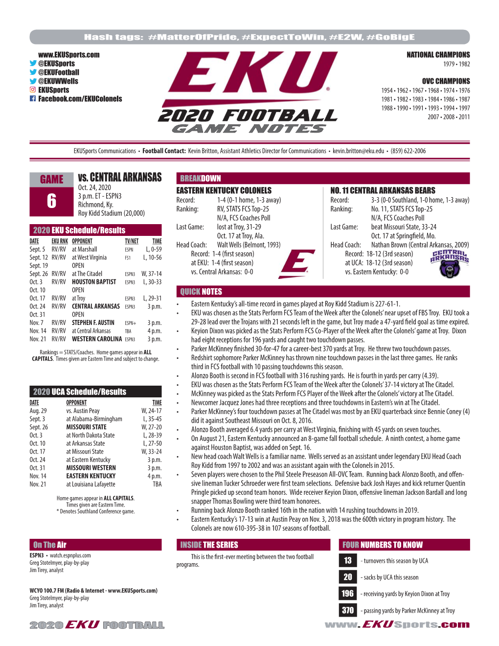 2020 EKU Game Notes (Game-6 Vs Central Arkansas).Indd