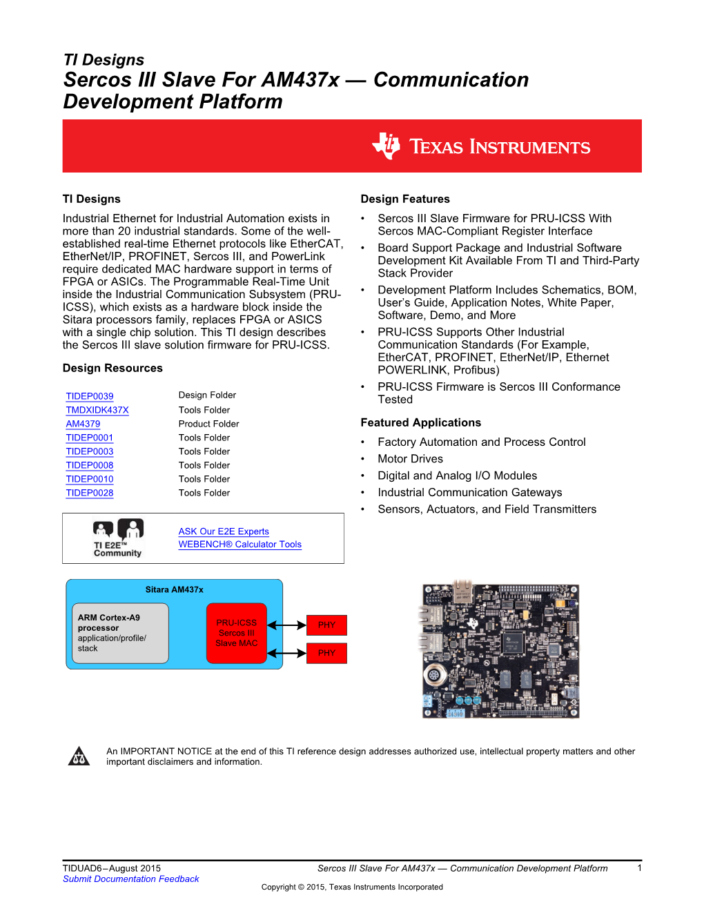 Sercos III Slave for Am437x — Communication Development Platform