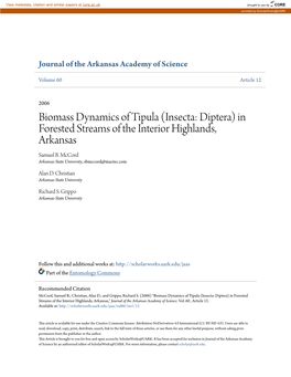 Biomass Dynamics of Tipula (Insecta: Diptera) in Forested Streams of the Interior Highlands, Arkansas Samuel B