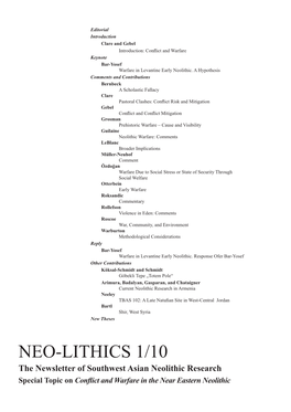 NEO-LITHICS 1/10 the Newsletter of Southwest Asian Neolithic Research Special Topic on Conflict and Warfare in the Near Eastern Neolithic Content