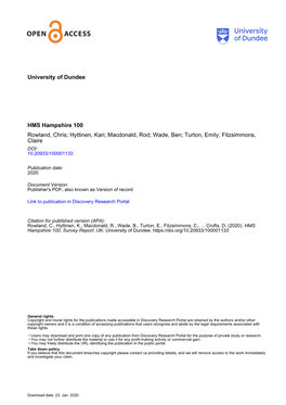 HMS Hampshire 100 Rowland, Chris; Hyttinen, Kari; Macdonald, Rod; Wade, Ben; Turton, Emily; Fitzsimmons, Claire DOI: 10.20933/100001133