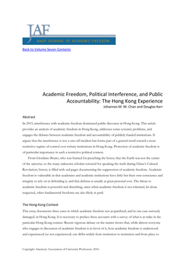 Academic Freedom, Political Interference, and Public Accountability: the Hong Kong Experience Johannes M