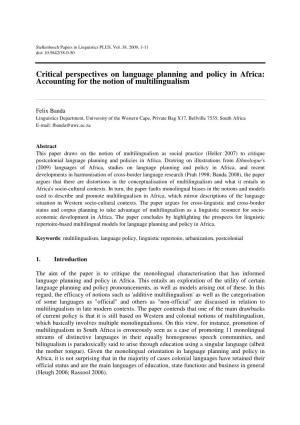 Critical Perspectives on Language Planning and Policy in Africa: Accounting for the Notion of Multilingualism