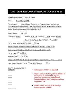 Cultural Resources Report Cover Sheet