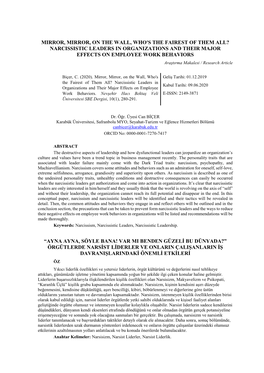 NARCISSISTIC LEADERS in ORGANIZATIONS and THEIR MAJOR EFFECTS on EMPLOYEE WORK BEHAVIORS Araştırma Makalesi / Research Article