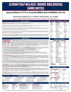 Scranton/Wilkes-Barre Railriders Game Notes Syracuse Mets (15-37) Vs