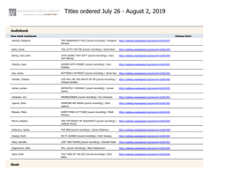 Titles Ordered July 26 - August 2, 2019