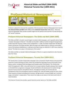 Historical Globe and Mail (1844-2009) Historical Toronto Star (1894-2011)