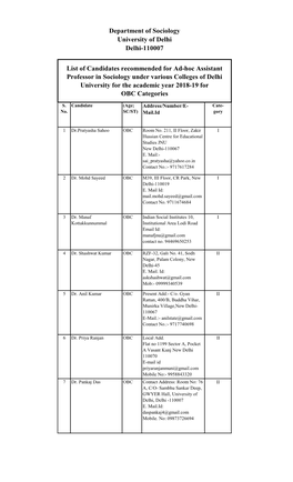 Department of Sociology University of Delhi Delhi-110007 List Of