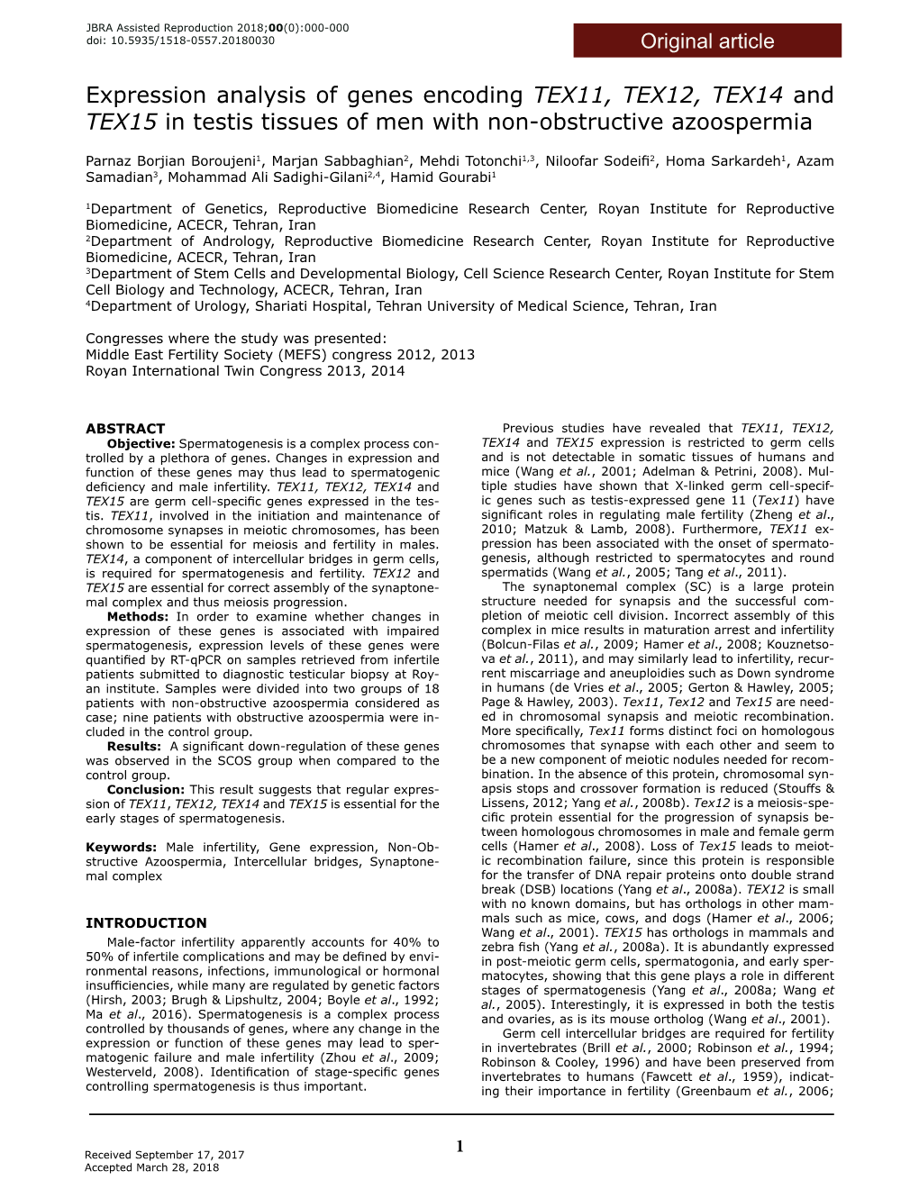 Expression Analysis of Genes Encoding TEX11, TEX12, TEX14 and TEX15 in Testis Tissues of Men with Non-Obstructive Azoospermia