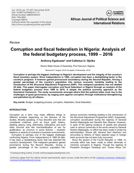 Corruption and Fiscal Federalism in Nigeria: Analysis of the Federal Budgetary Process, 1999 – 2016