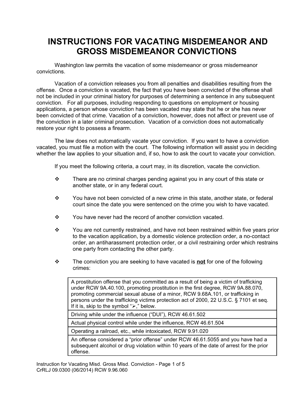 Instructions for Vacating Misdemeanor and Gross Misdemeanor Convictions
