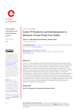 Covid-19 Pandemic and Unemployment in Malaysia: a Case Study from Sabah