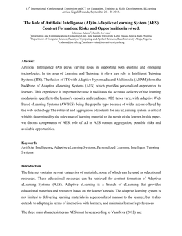 The Role of Artificial Intelligence (AI) in Adaptive Elearning System (AES) Content Formation: Risks and Opportunities Involved