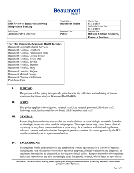 IRB Review of Research Involving Biospecimen Banking Beaumont