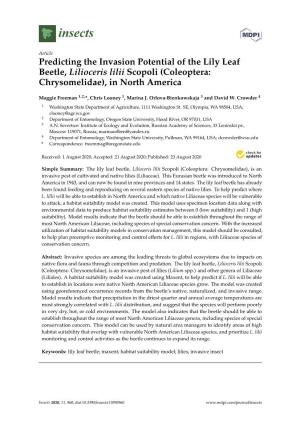 Predicting the Invasion Potential of the Lily Leaf Beetle, Lilioceris Lilii Scopoli (Coleoptera: Chrysomelidae), in North America