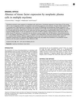 Absence of Tissue Factor Expression by Neoplastic Plasma Cells in Multiple Myeloma