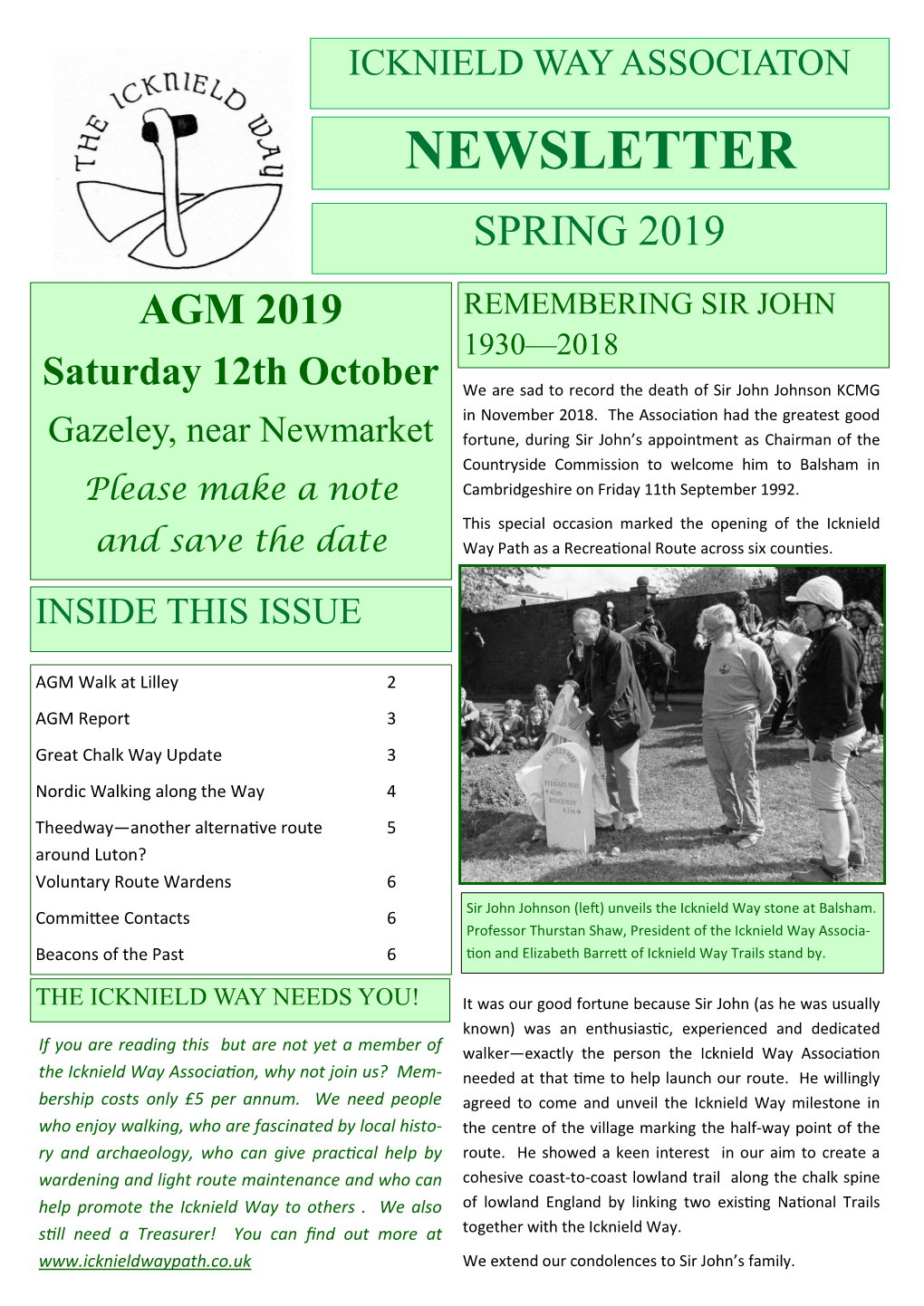 Newsletter Spring 2019 Agm 2019 Remembering Sir John 1930—2018