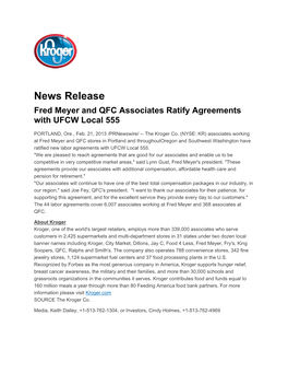 News Release Fred Meyer and QFC Associates Ratify Agreements with UFCW Local 555