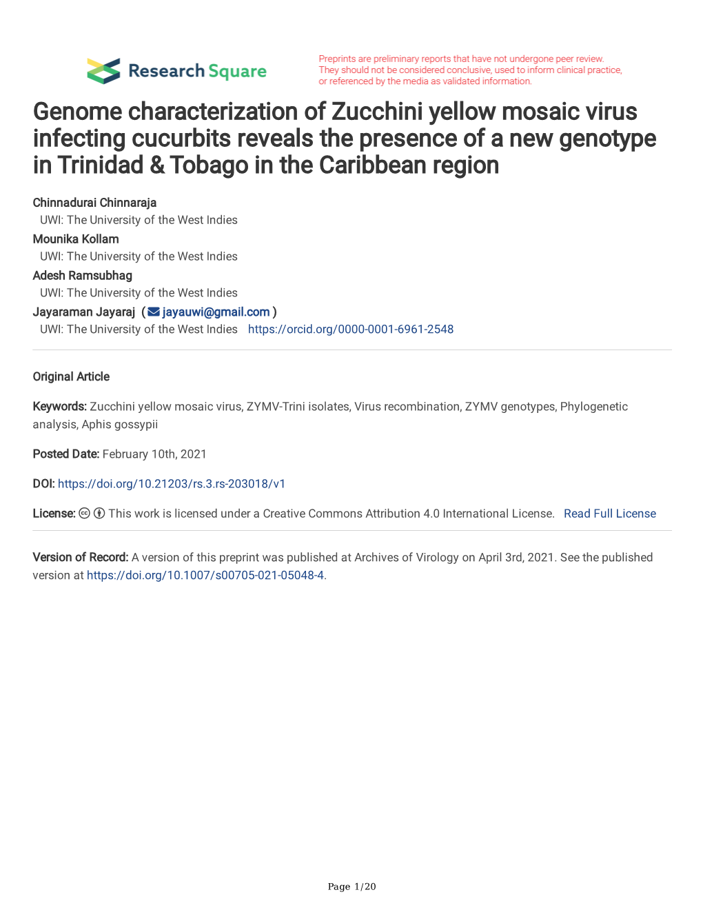 Genome Characterization of Zucchini Yellow Mosaic Virus Infecting Cucurbits Reveals the Presence of a New Genotype in Trinidad & Tobago in the Caribbean Region