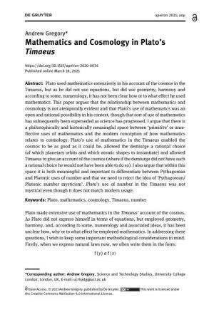 Mathematics and Cosmology in Plato's Timaeus
