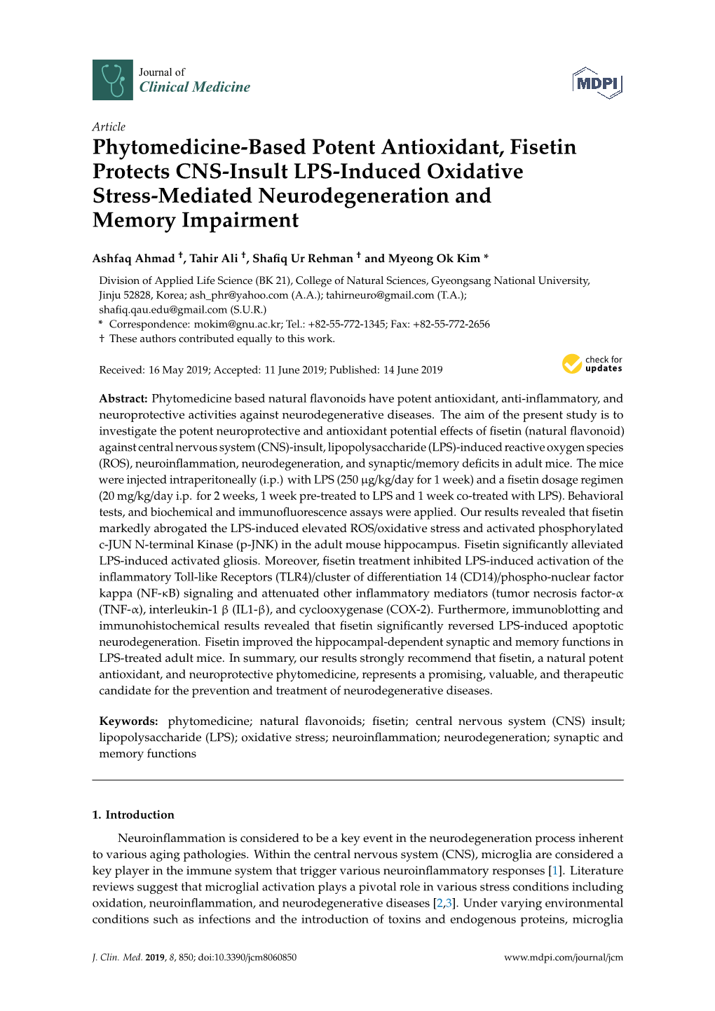 Phytomedicine-Based Potent Antioxidant, Fisetin Protects CNS-Insult LPS-Induced Oxidative Stress-Mediated Neurodegeneration and Memory Impairment