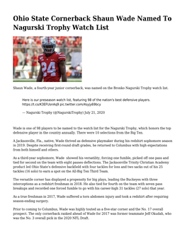 Ohio State Cornerback Shaun Wade Named to Nagurski Trophy Watch List