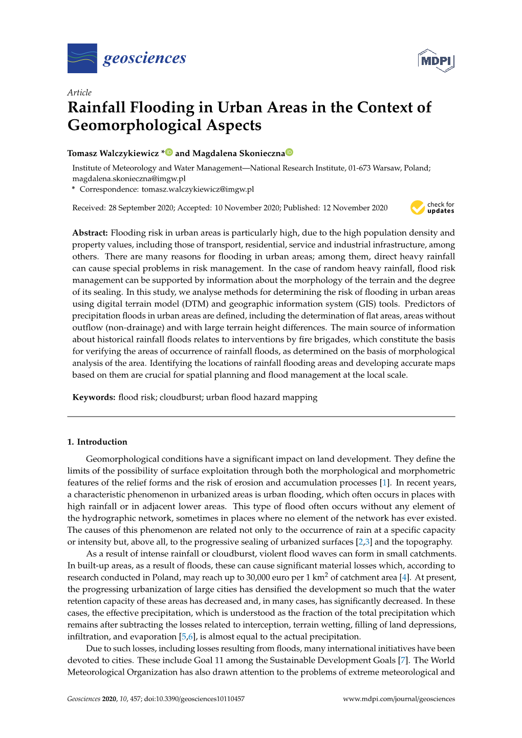 Rainfall Flooding in Urban Areas in the Context of Geomorphological Aspects