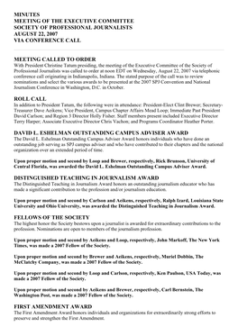Minutes Meeting of the Executive Committee Society of Professional Journalists August 22, 2007 Via Conference Call