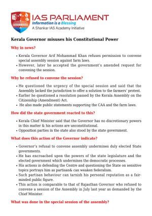 Kerala Governor Misuses His Constitutional Power