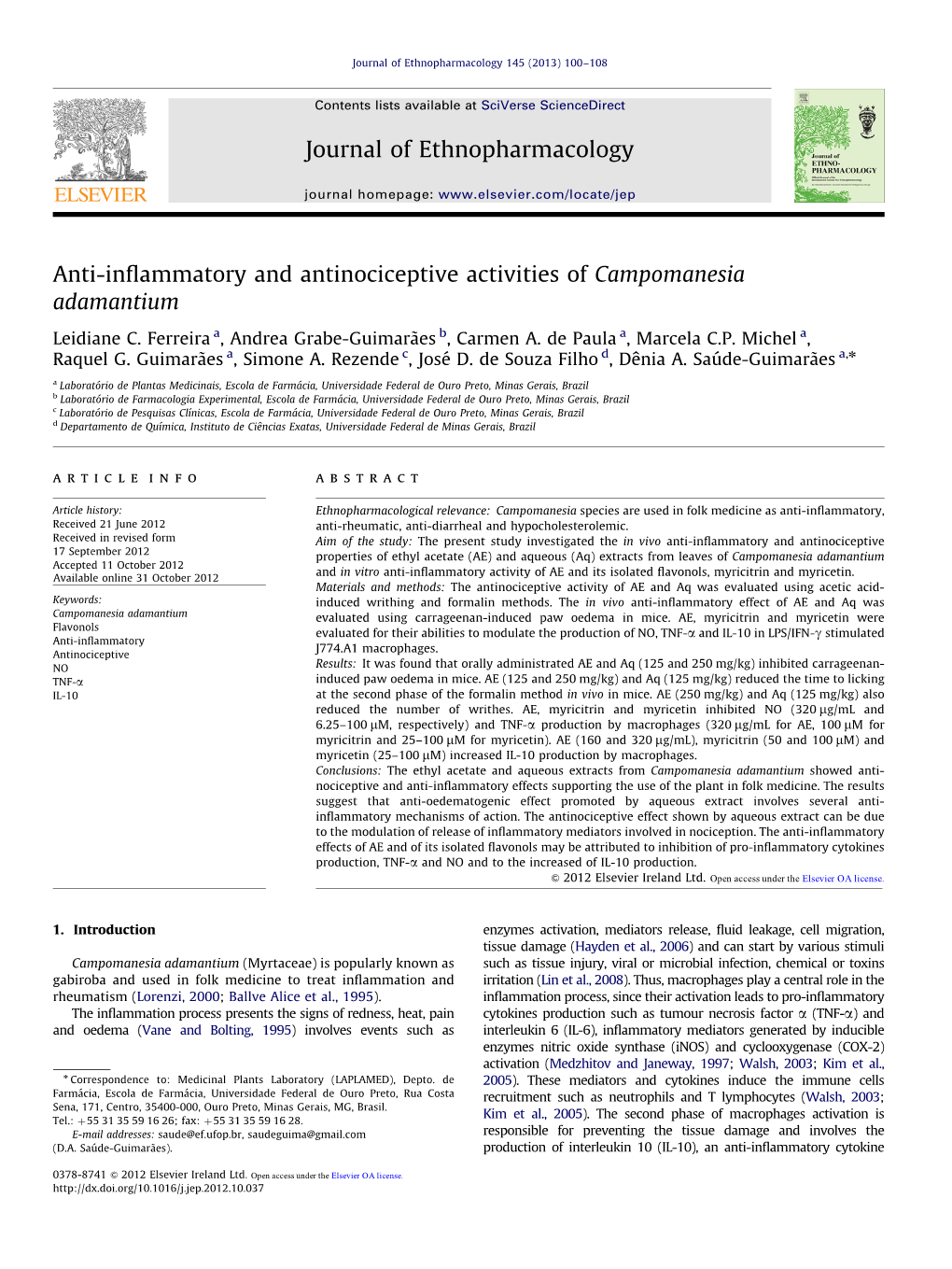 Anti-Inflammatory and Antinociceptive Activities of Campomanesia