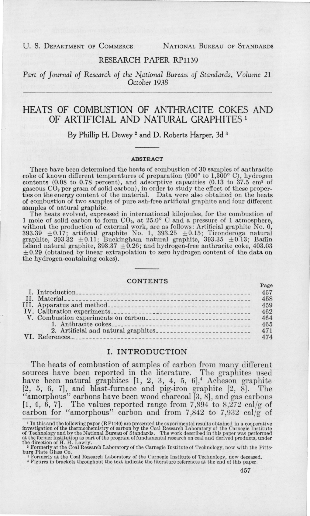 Heats of Combustion of Anthracite Cokes and of Artificial and Natural Graphites 1