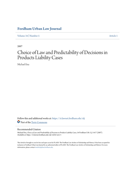 Choice of Law and Predictability of Decisions in Products Liability Cases Michael Ena