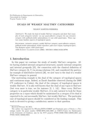 1. Introduction in This Paper We Continue the Study of Weakly Mal’Tsev Categories