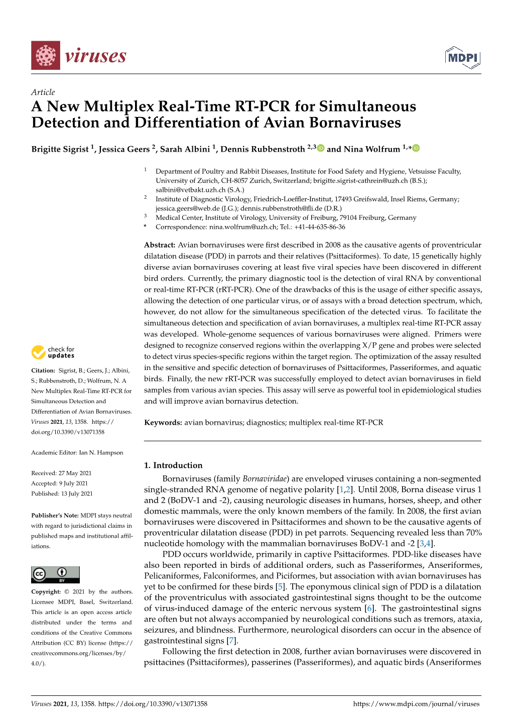 A New Multiplex Real-Time RT-PCR for Simultaneous Detection and Differentiation of Avian Bornaviruses