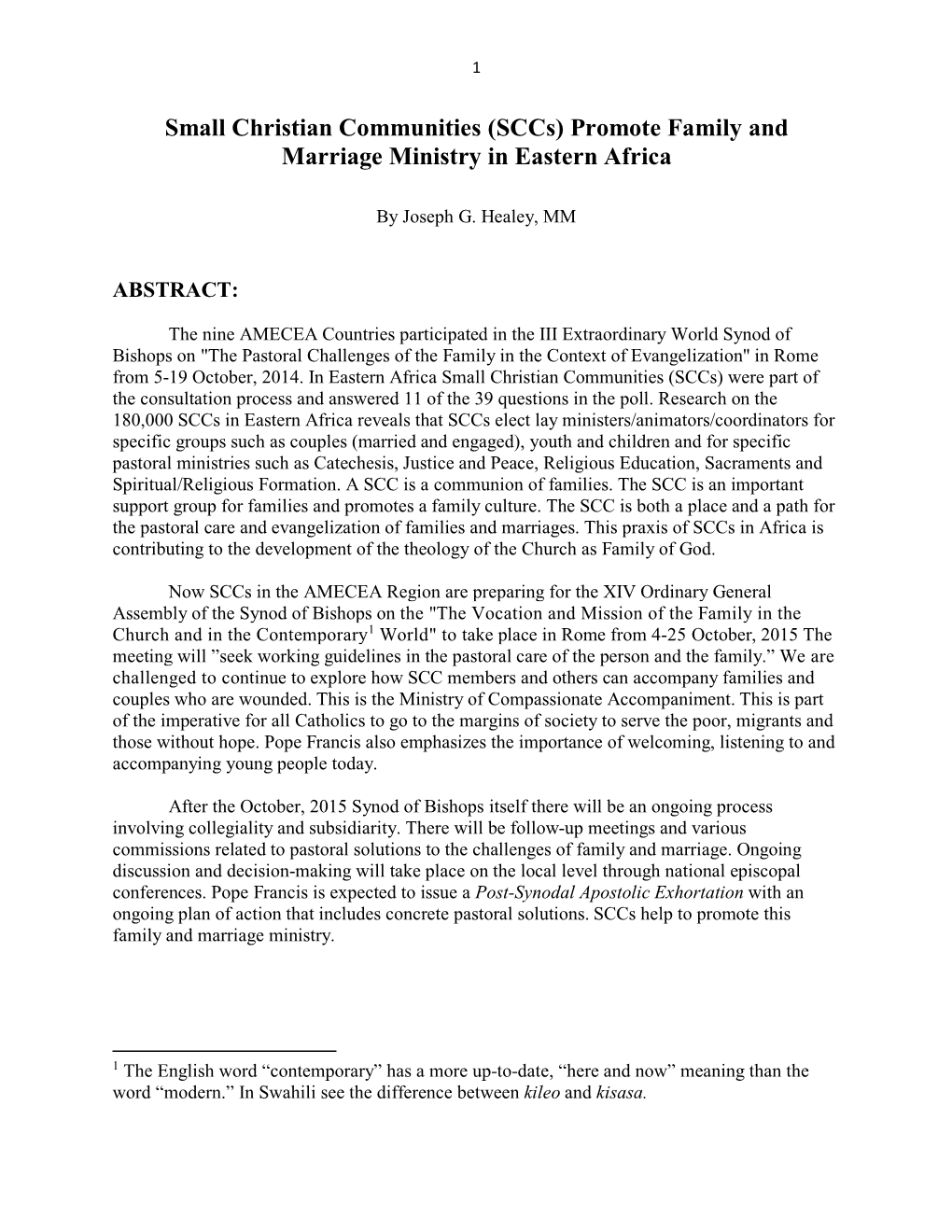 Small Christian Communities (Sccs) Promote Family and Marriage Ministry in Eastern Africa